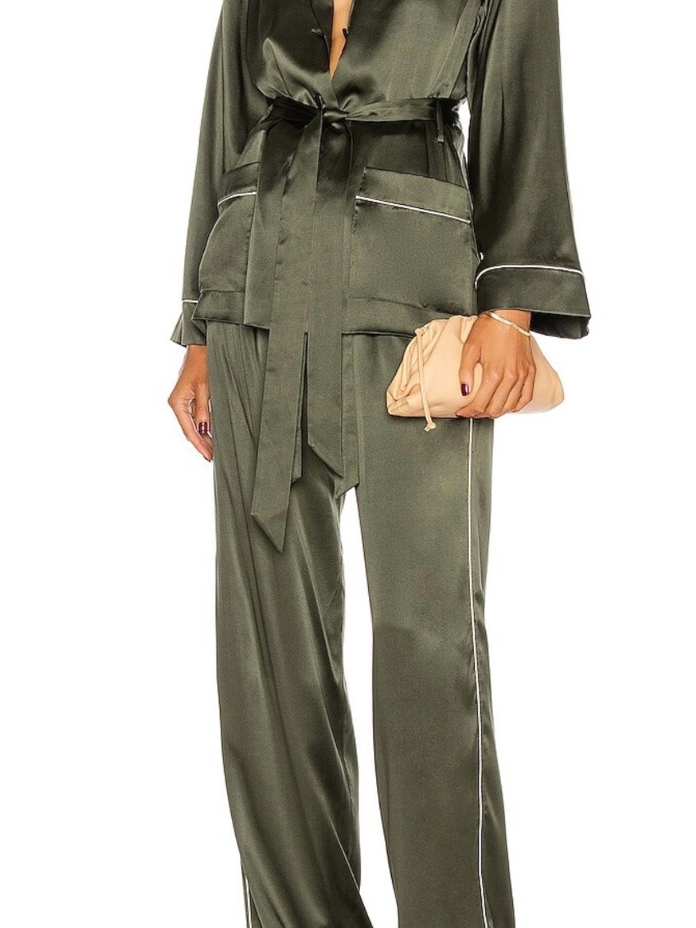 Jonathan Simkhai Olive Satin Wide-Leg Pants with Contrast Piping